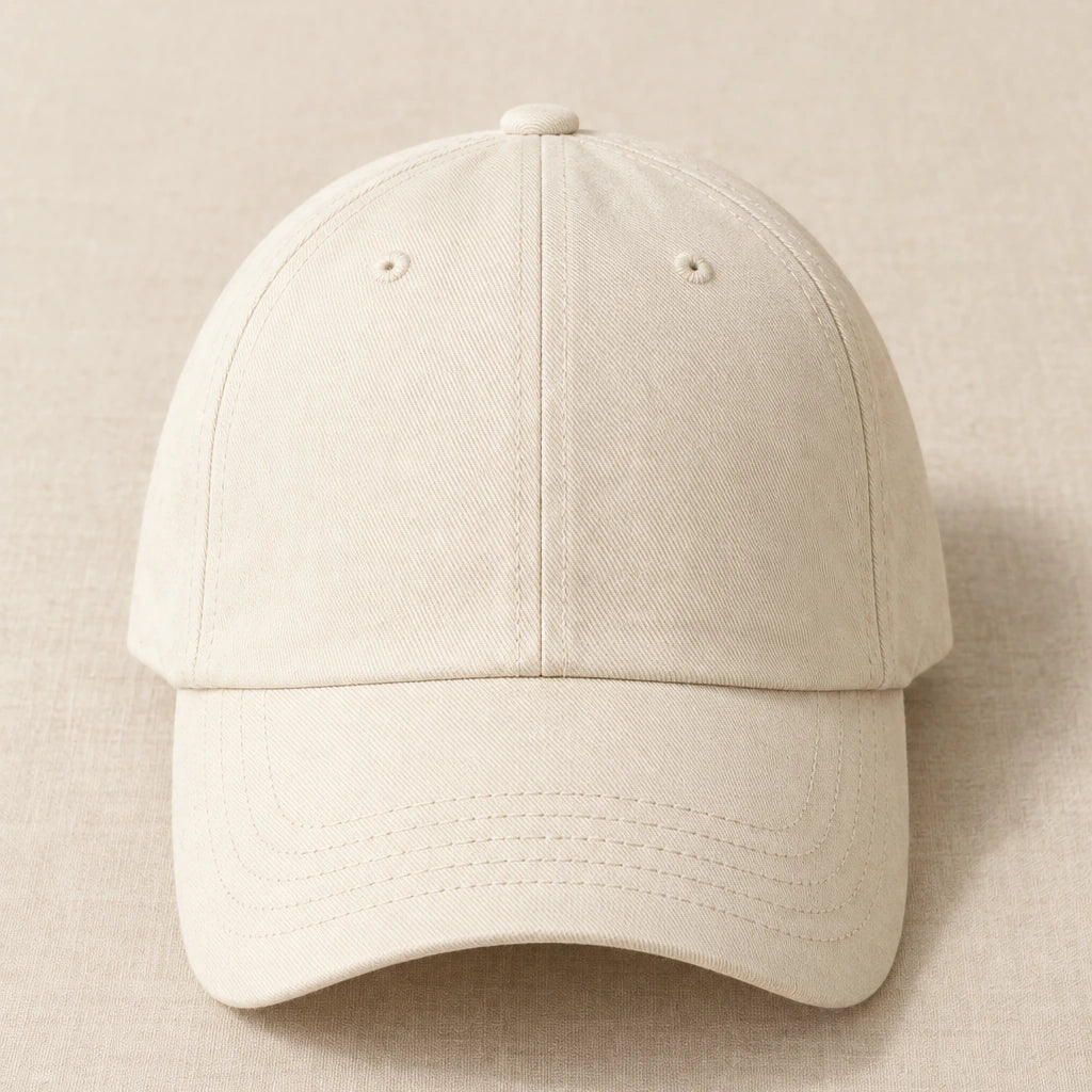 Concept mockup of a plain cream cotton cap before personalisation